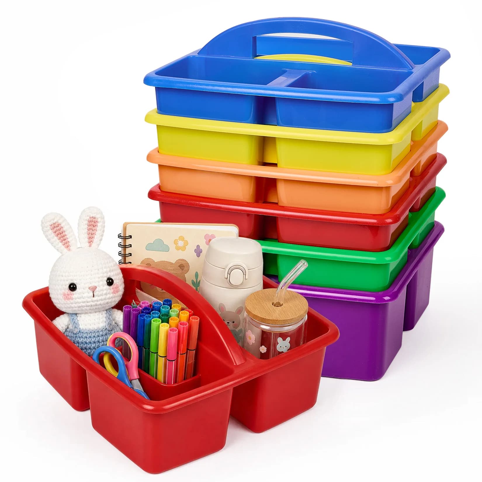 6 Pack Plastic Storage Caddy with Handle, Multi-Compartment Organizer Bin for Classroom Office Home Art Supplies