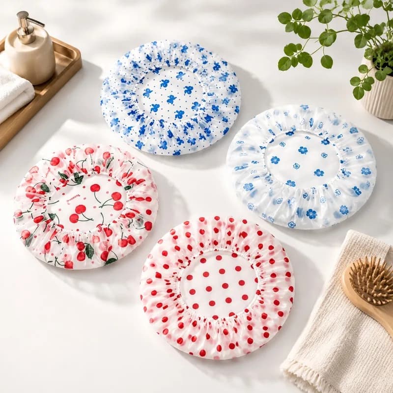 4pcs Shower Cap Waterproof Thickened Hair Cover Adjust Elastic Printed Reusable PE Material Bath Spas Hotel Utility Kit Sets Pro
