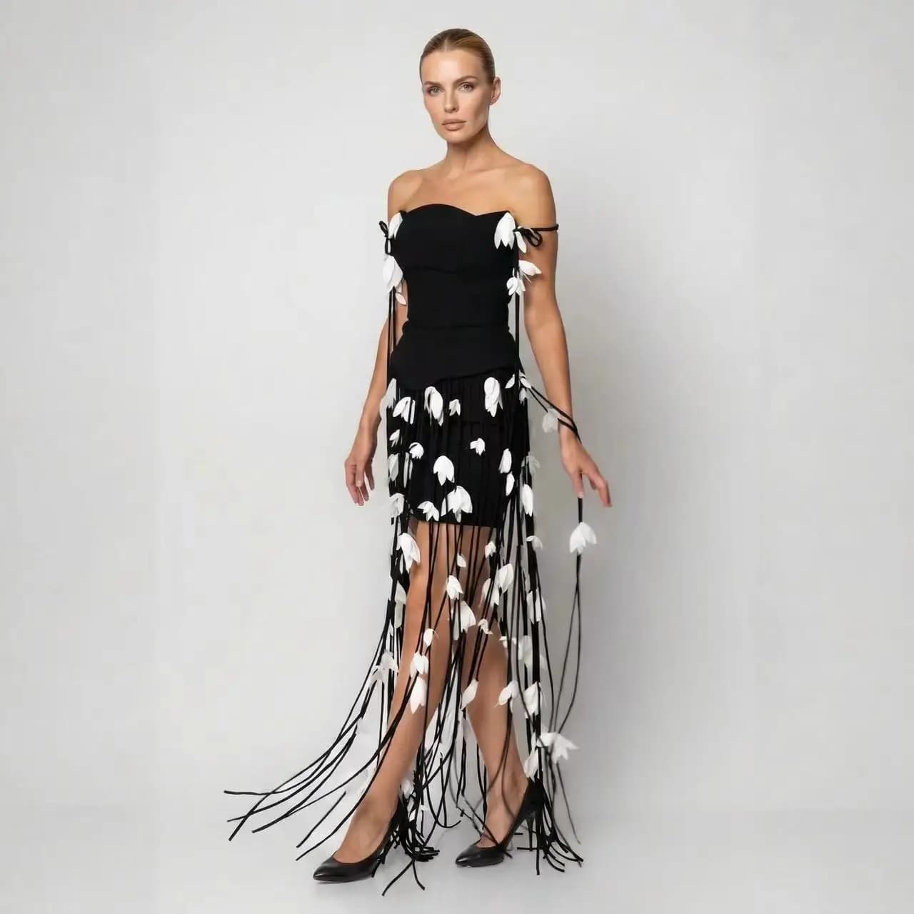 Abito da donna monospalla a fascia con nappe, elegante per serate e feste, abito da ballo formale di lusso e raffinato