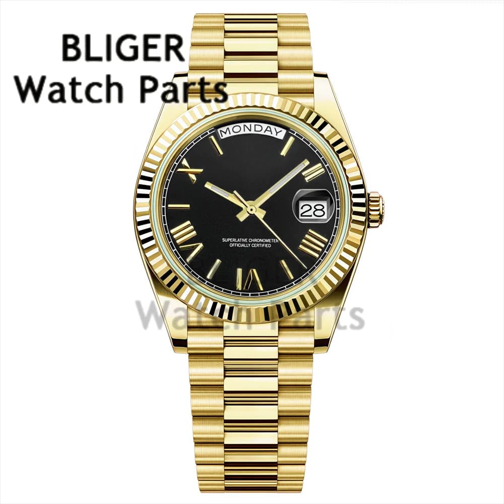 BLIGER Miyota 8285 Orologio meccanico da uomo 36mm/39mm Data della settimana Orologio da polso Presidente Cinturino in acciaio Diver Orologio da uomo in oro di lusso