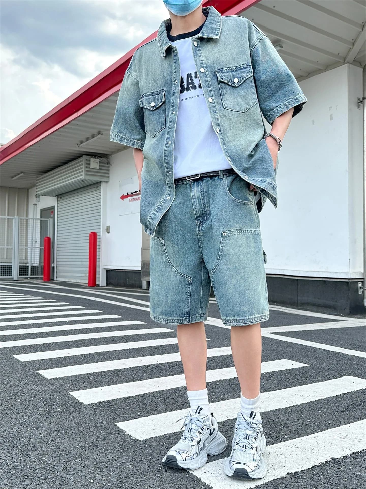 Men's Blue Denim Work Shirt, Set Two Pieces Sleeve Court, Casual Summer Sports Shorts, American Retro Style