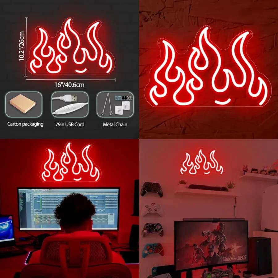 Insegna al Neon a LED da Parete per Sala Giochi, Camera da Letto, Bar, Feste o Decorazioni per Club, Arte Murale al Neon a Forma di Fiamma Alimentata tramite USB per Casa o Eventi