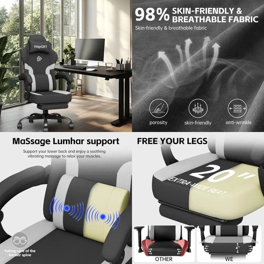 Sedia da gioco ergonomica con supporto lombare per massaggio con poggiapiedi, sedia per computer in tessuto tecnologico per giocatori