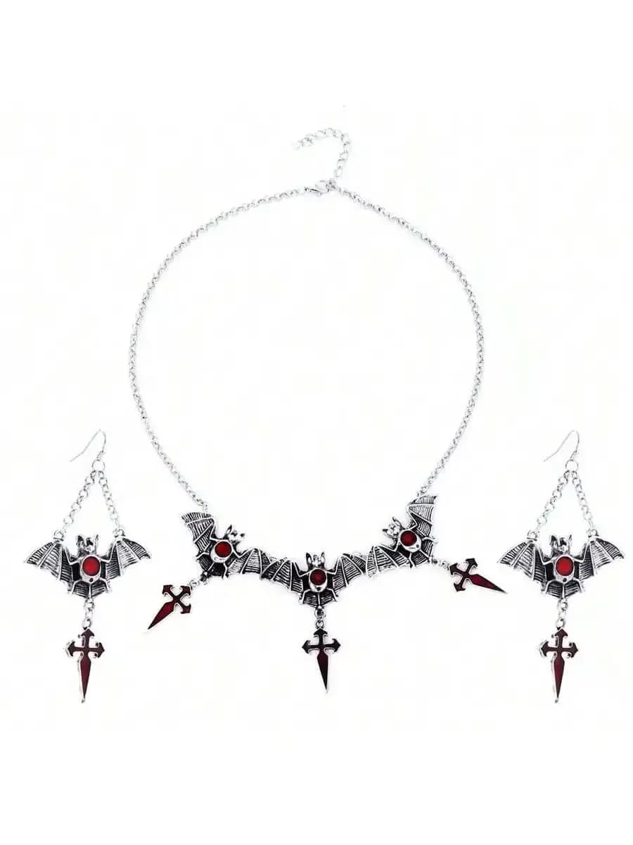 Collana con ciondolo a forma di pipistrello gotico con orecchini a croce, gioielli in stile punk per Halloween da donna