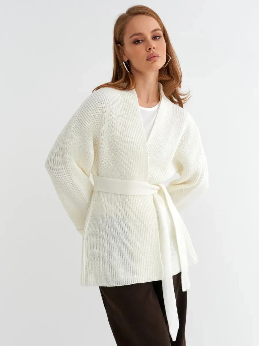 Women Autumn Solid Color Mid Length Knitted Cardigan Belted Long Sleeve Sweater Outerwear
