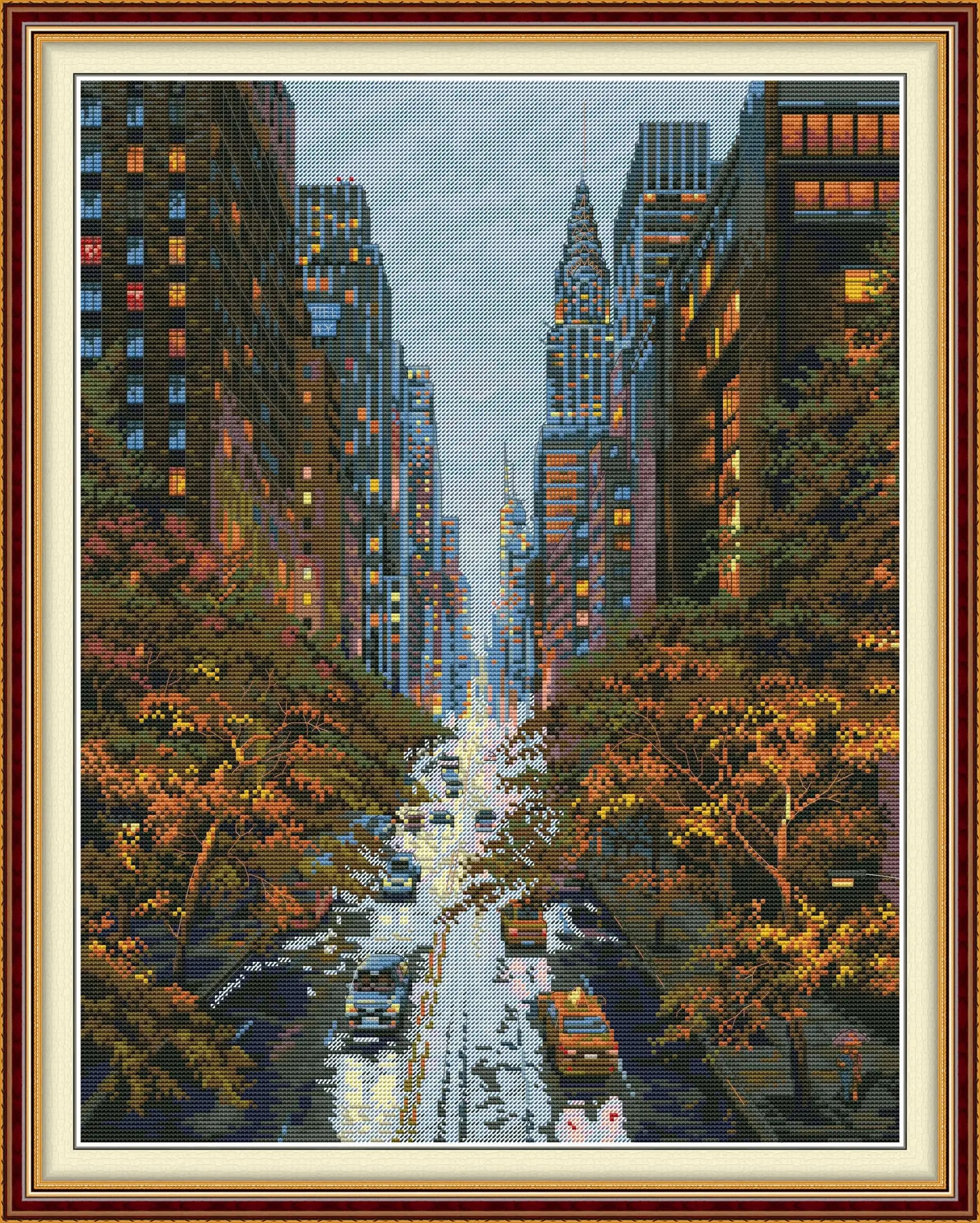 Cross-stitch Complete Set Autumn In The City Stamped Printed Counted Unprinted Cloth DMC Needlework Home Decor