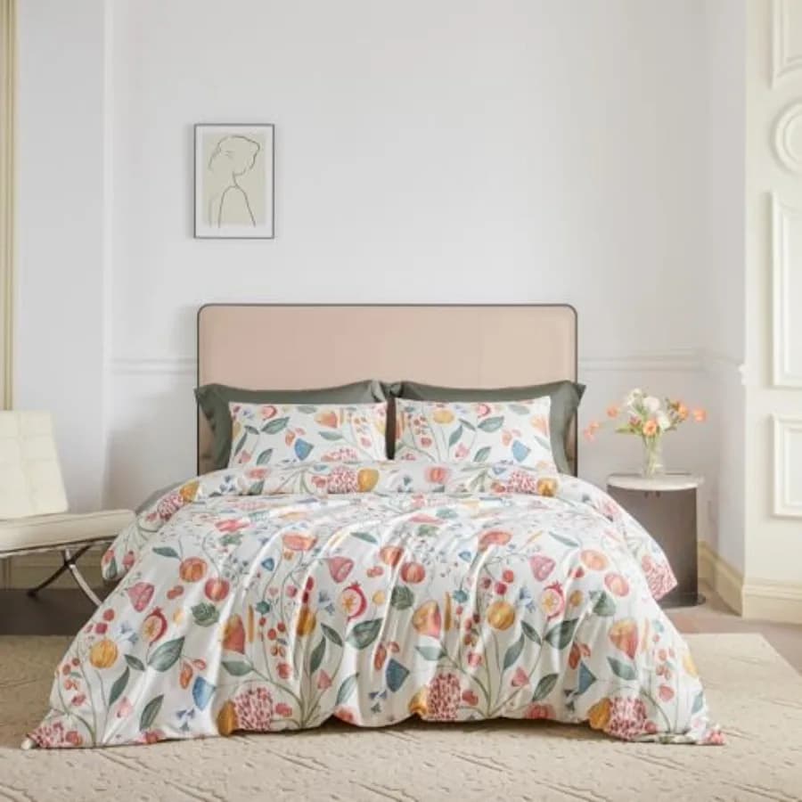 Set Copripiumino Botanico 100% Cotone Egiziano 3 Pezzi 1 Copripiumino con Motivo Zucca Arancione con Chiusura a Cerniera e 2 Federe Blu R