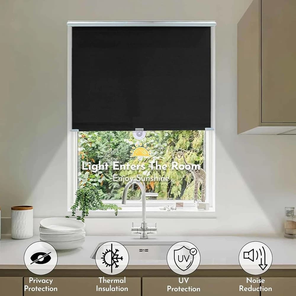 1Pcs Black Cordless Thermal Retractable Roller Shades, Punch-Free Full Blackout Sunshade Curtain for Home Office Windows