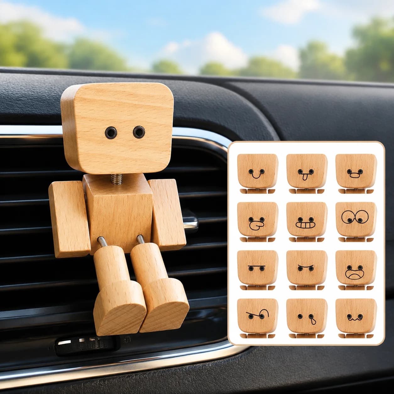 Cute Shaking Wooden Man Car Air Freshener Leg Swinging Robot Ornament Wooden Fragrance Diffuser Vent Clip Gift