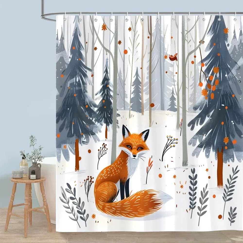 Simpatici animali della foresta Tenda da doccia Inverno Neve Volpe Rosso Uccello Cervo Orso Coniglio Poliestere Tende da doccia Decorazioni per il bagno con ganci