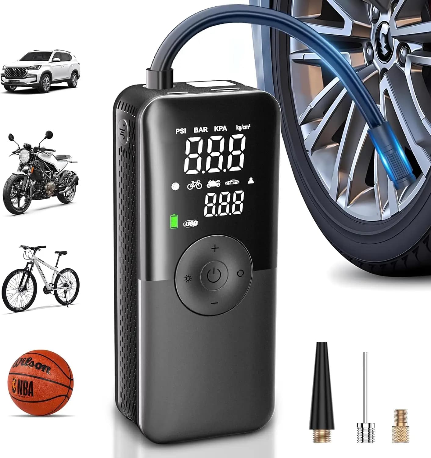 Gonfiatore digitale per pneumatici auto a doppio schermo, gonfiatore portatile da 150 PSI, adatto per pneumatici auto, con funzione di sgonfiaggio e manometro.