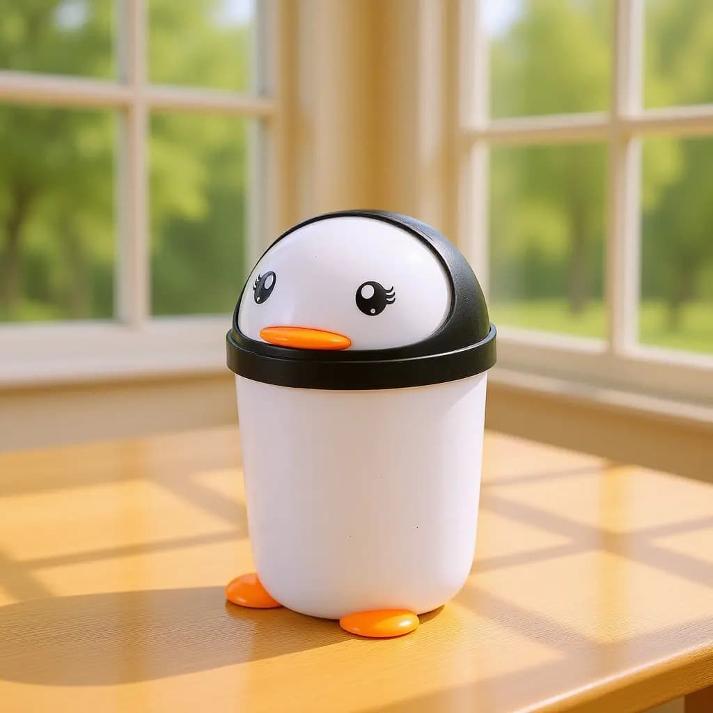 Cestino per Rifiuti con Coperchio Oscillante a Forma di Pinguino, Piccolo Contenitore in Plastica per Camera da Letto, Ufficio, Auto, Cucina, Organizzatore per Scrivania