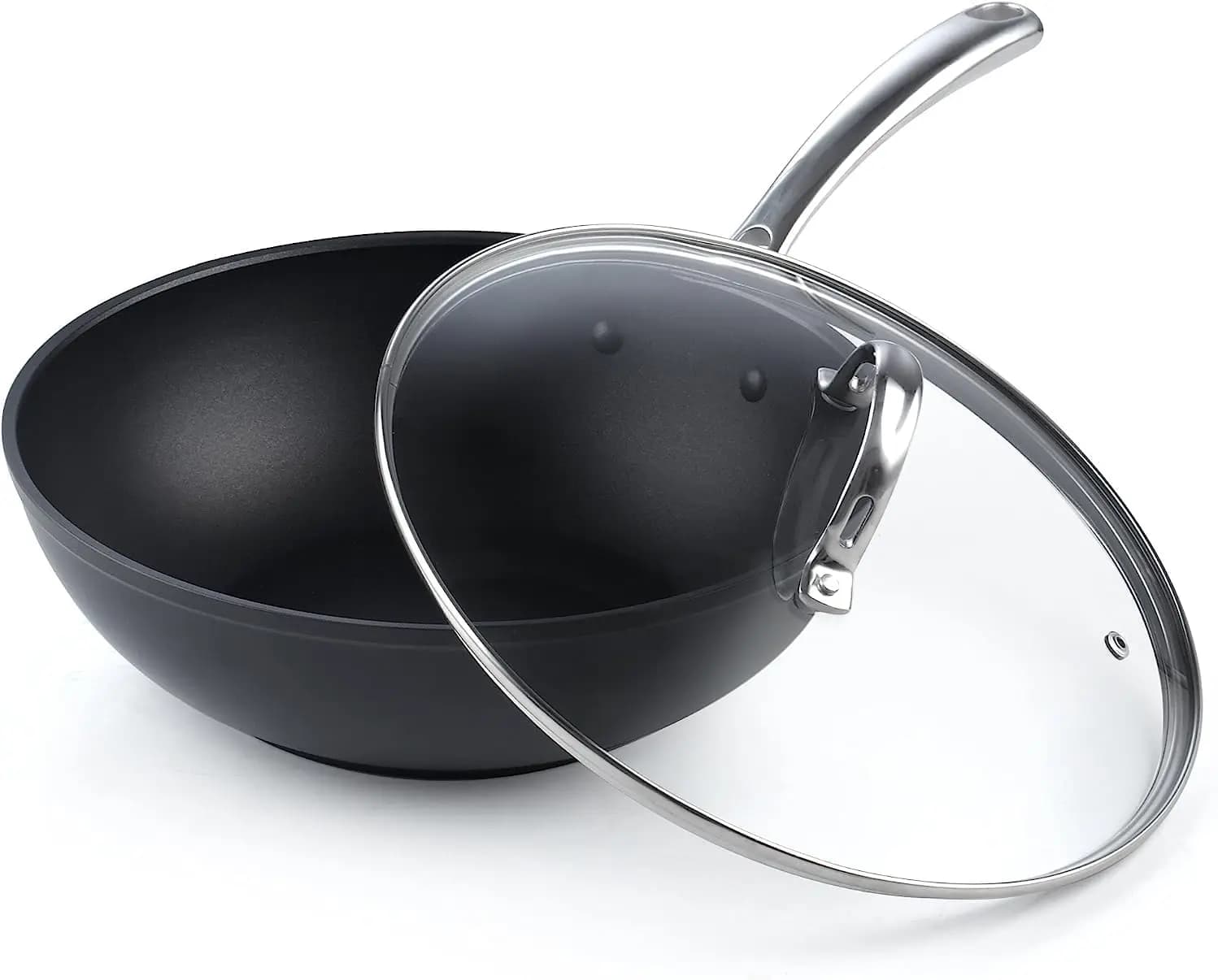 11 inch non-stick Wok pan, anodised hard pan with glass lid, flat bottom, black