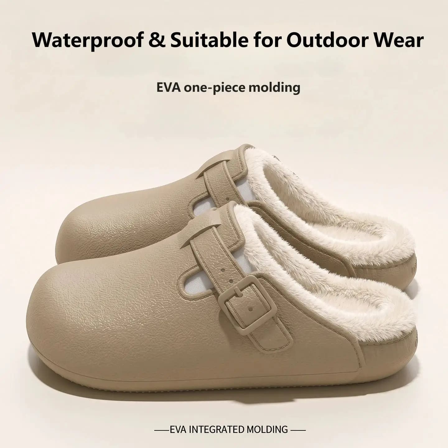 Men Winter Fleece Lined Clogs Adjustable Buckle Waterproof EVA Warm Mules Indoor Outdoor Slippers