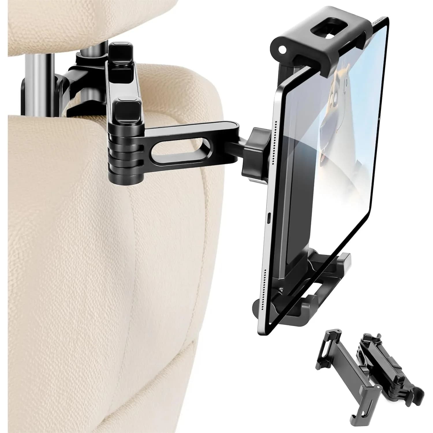 Car Headrest Tablet Holder Foldable Stand Compatible with 6-13" iPad Air Mini Switch 360° Rotation for Road Travel Black