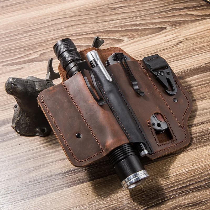 Con fibbia per esterno portatile tattico multifunzione fondina per cintura tasca in vera pelle di vacchetta EDC Multitool guaina borsa da caccia