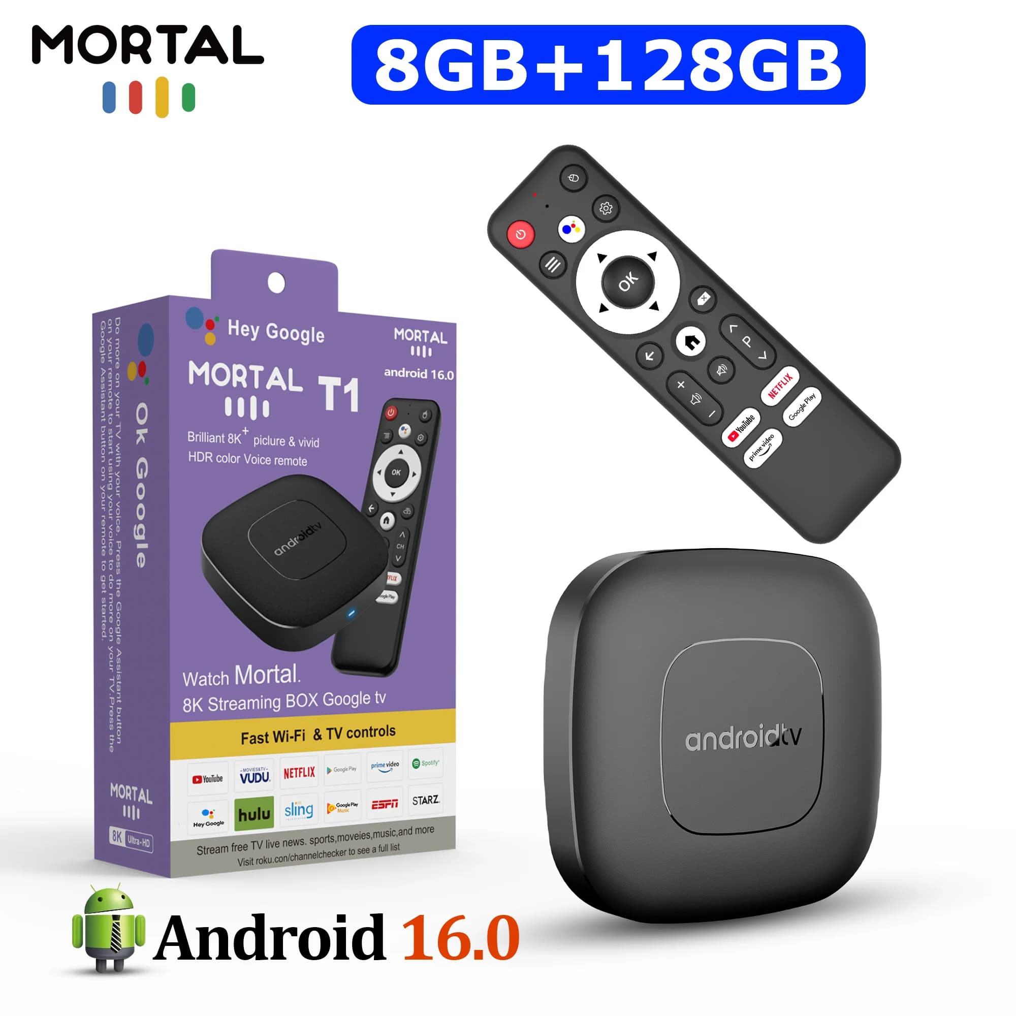 Mortal TV Box T1 Android 16 4K Google Voice 8G RAM 128G ROM RK3518 BT5.0 WiFi 6 HDR10 Youtube Video Media Player Decoder Tv Box