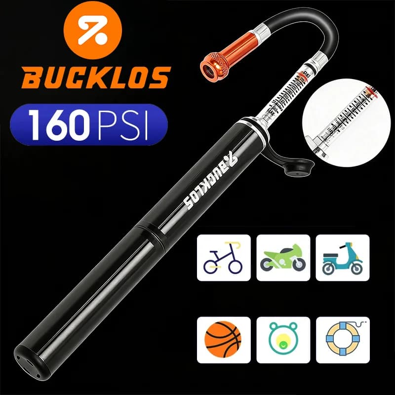 Pompa per Bicicletta BUCKLOS 160PSI, Pompa ad Aria in Lega di Alluminio, Mini Pompa per Palloni da Basket, Gonfiatore Portatile per Pneumatici, Accessori per Ciclismo