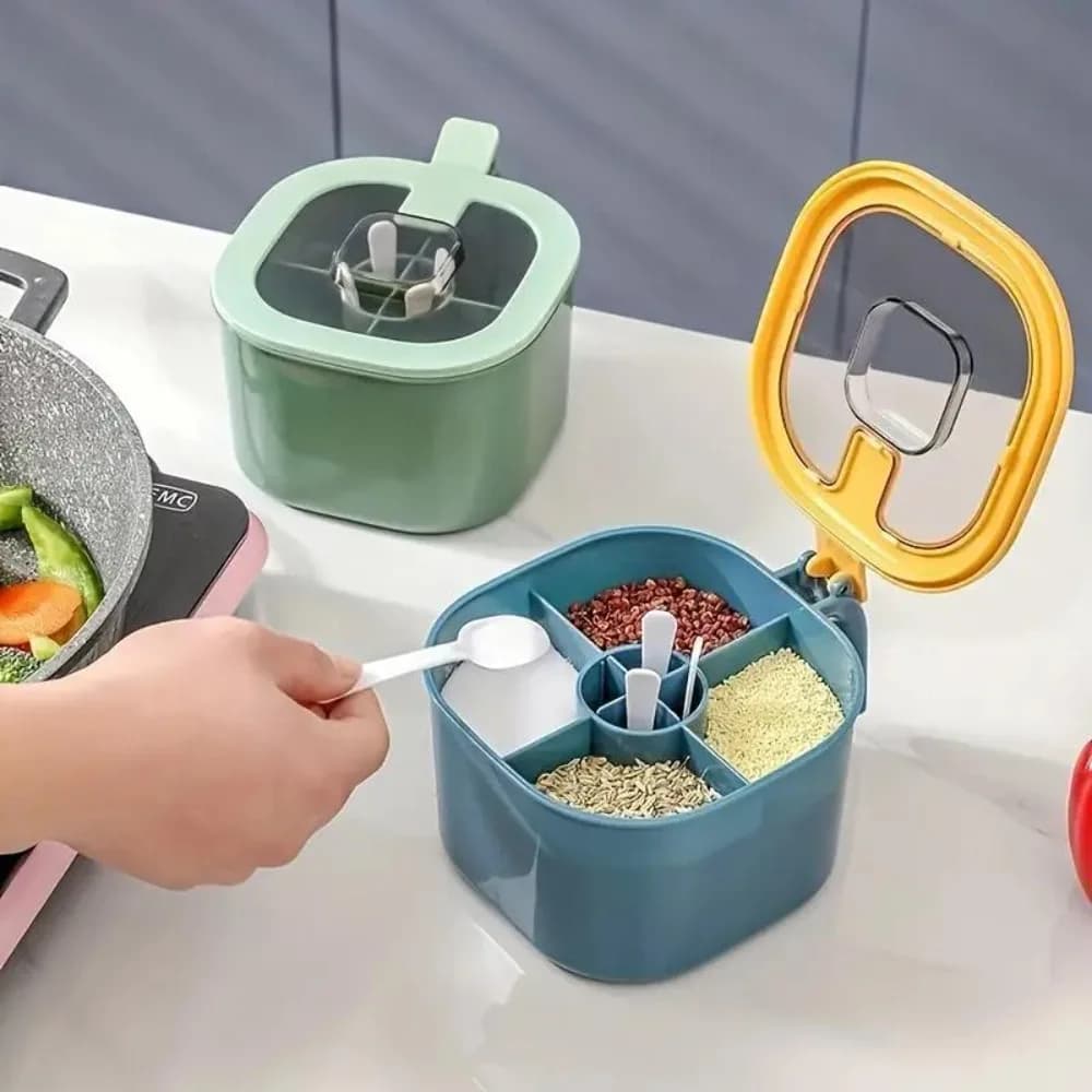 Set di scatole per condimenti rotonde in plastica 4 in 1 con cucchiai integrati Contenitori per spezie, sale, pepe, per organizer da appoggio della cucina