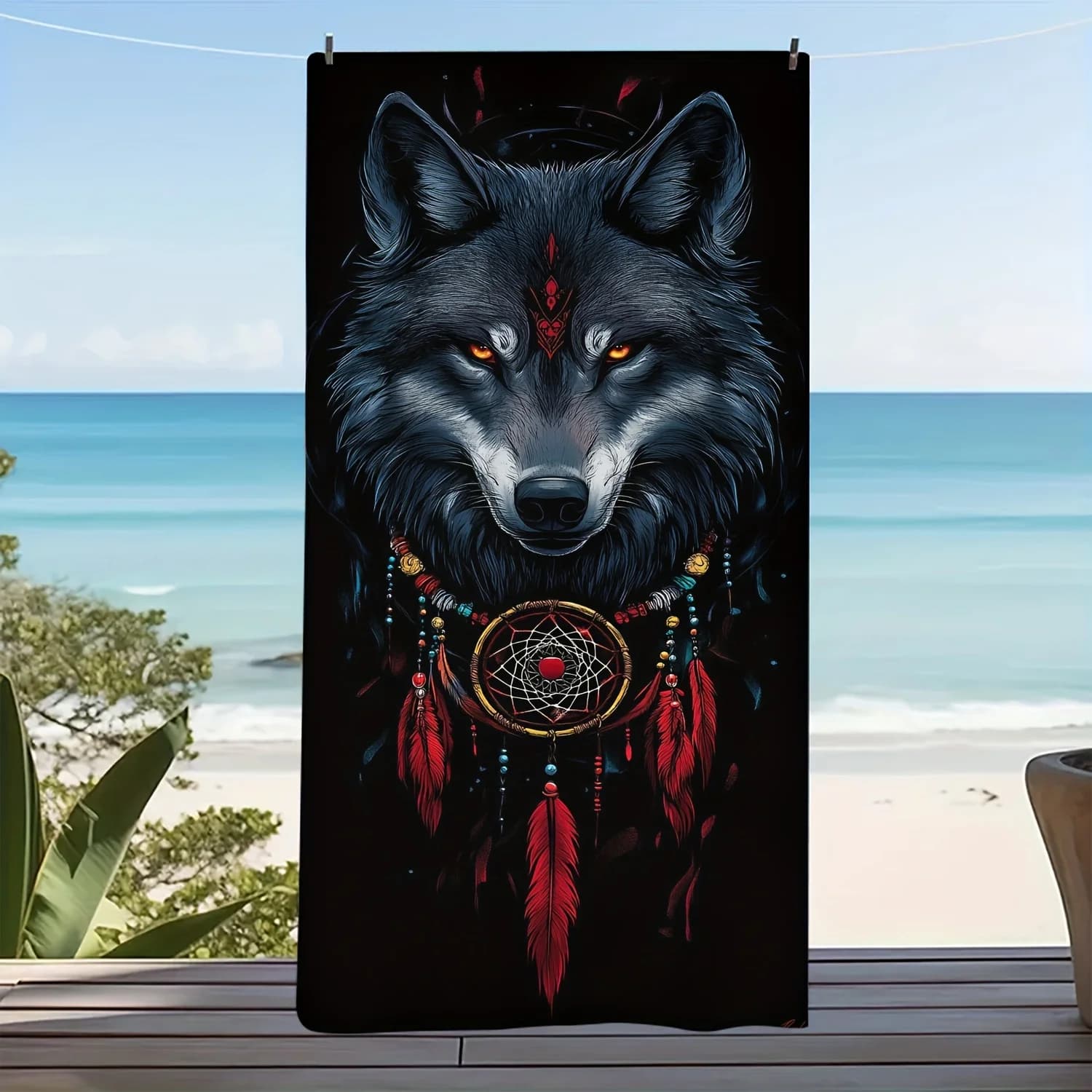 Wolf Dreamcatcher Beach Towel, Tribal Wolf Art, Quick Dry Microfiber, Oversized for Beach Pool, Gift for Him
