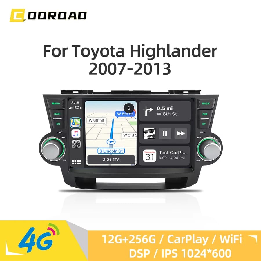 12G 256G Android 14.0 CarPlay 4G WiFi GPS Navigation RDS Stereo Car Multimedia Player Car Radio for Toyota Highlander 2009-2013
