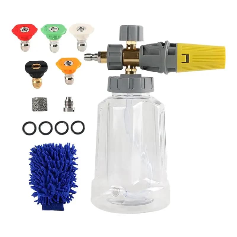 Schiuma per autolavaggio Spruzzatore Idropulitrice Dispenser di sapone Corpo trasparente Bottiglia di sapone da 1 litro Ugello regolabile con 1/4 di pollice
