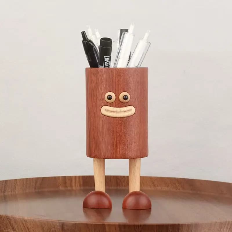 HeMu Portapenne in legno con gambe a forma di cartone animato, organizer da scrivania creativo con faccina sorridente per penne, matite e pennelli per il trucco