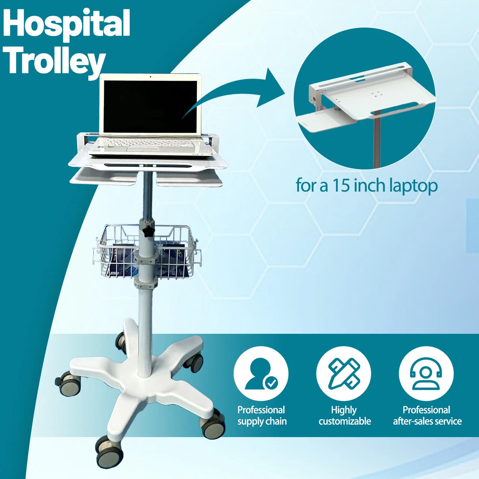 Carrello per Laptop Airow NBRIDGE con Regolazione Pneumatica dell'Altezza/Postazione di Lavoro Medica/Supporto Mobile per Dispositivi Medici
