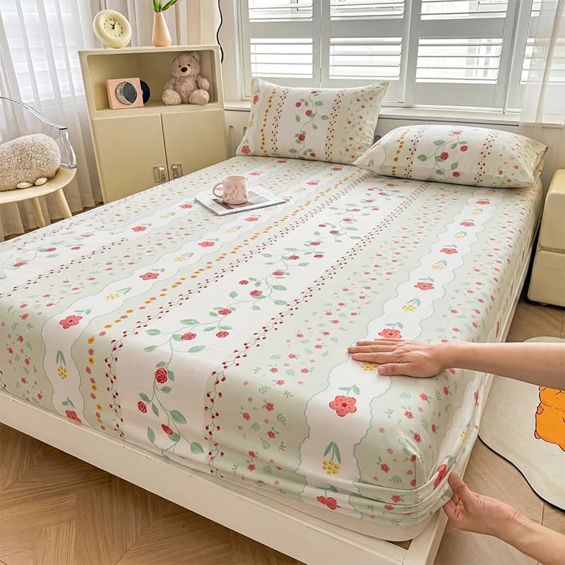 Washed Cotton Mattress Protector Floral Print Sheet With Elastic Band Non-Slip Bed Sheet Double Bedspreads Single Fitted Sheet