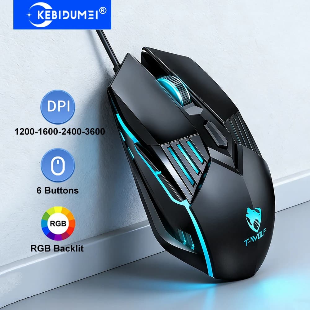 KEBIDUMEI Mouse Wired Play Mouse 3600 DPI Reversed Mouse RGB 6 buttons Ergonomic Mouse Plug and Play for Windows Mac OS laptop