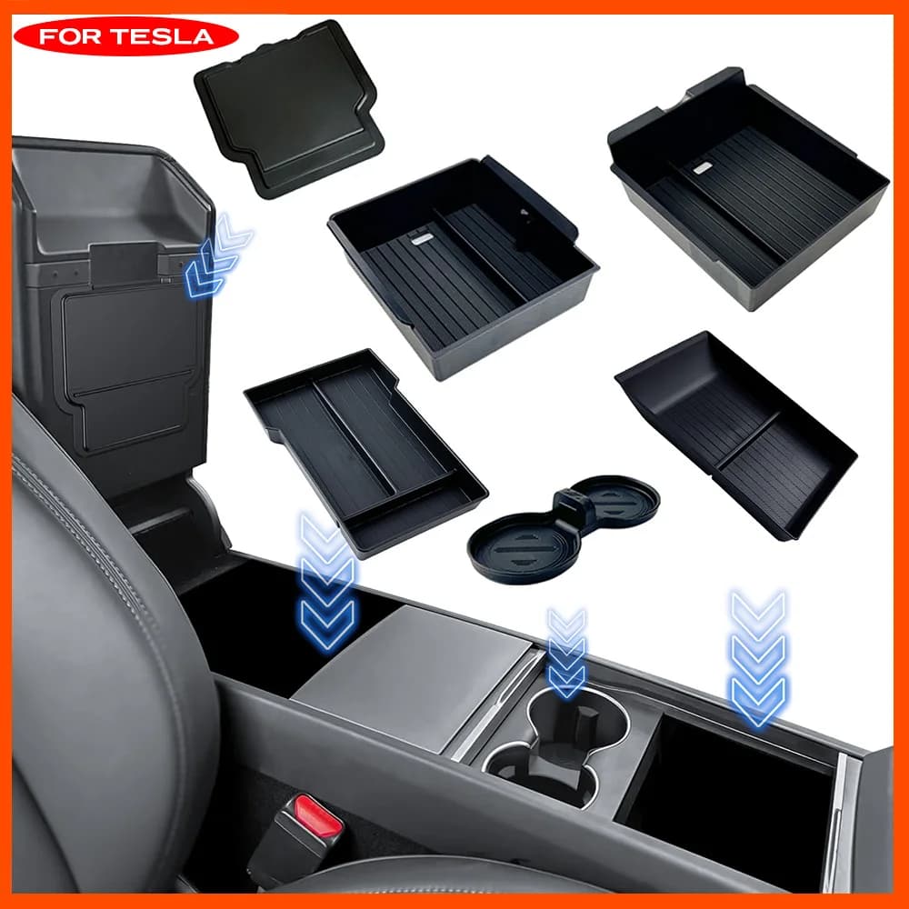 For Tesla New Model Y Launch Juniper ABS with Silicone Non-slip Mat Console & Armrest Storage Box Upper and Lower Watercup