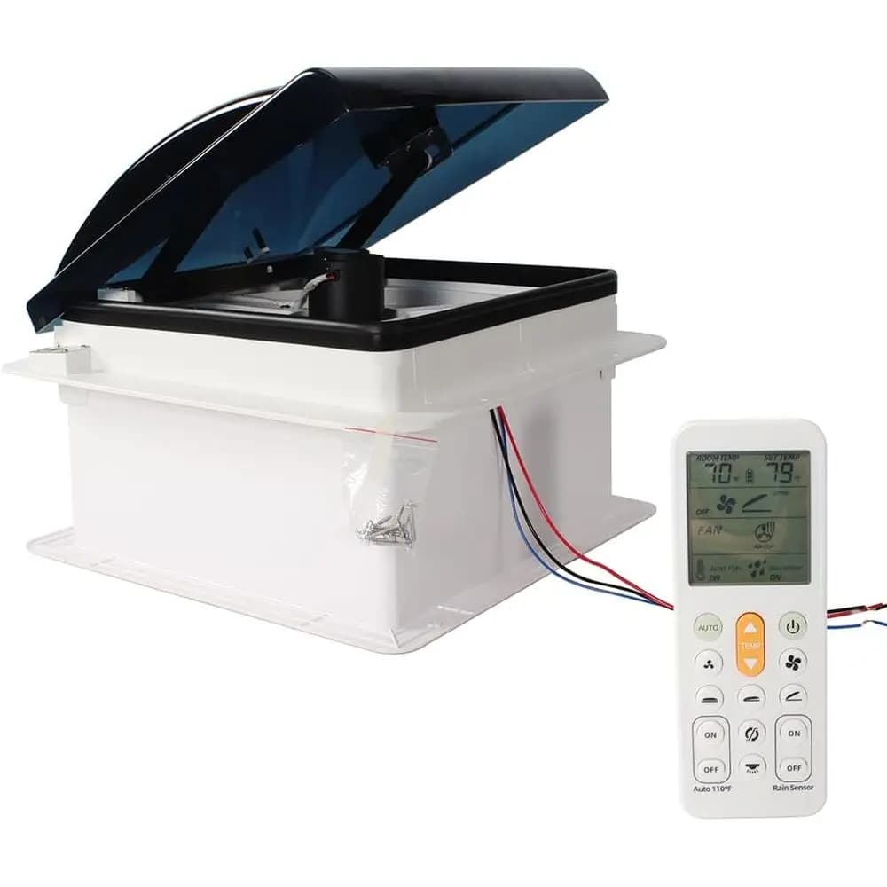 14'' RV Roof Vent 12V 10 speeds Reversible Fan Auto Remote Control Removable Insect Net RV Caravan Trailer Van (Smoke Lid)