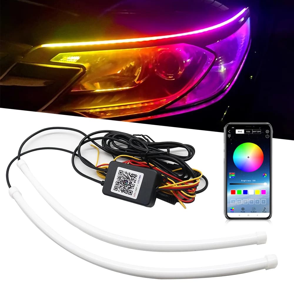 1set 12V DRL Auto LED Luce di marcia diurna APP di Controllo Flessibile RGB Sinfonia Che Scorre Indicatori di direzione Faro Lampada Decorativa