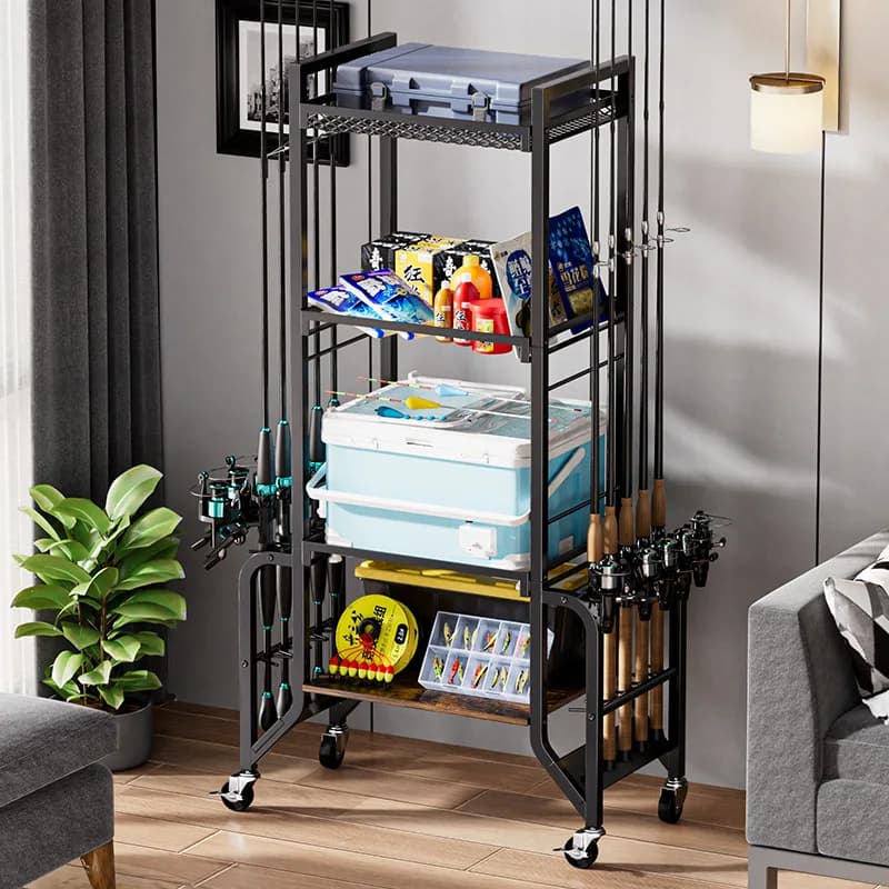 Carrello porta canna da pesca portatile Supporto per attrezzatura da pesca mobile in acciaio al carbonio per display stecca da biliardo