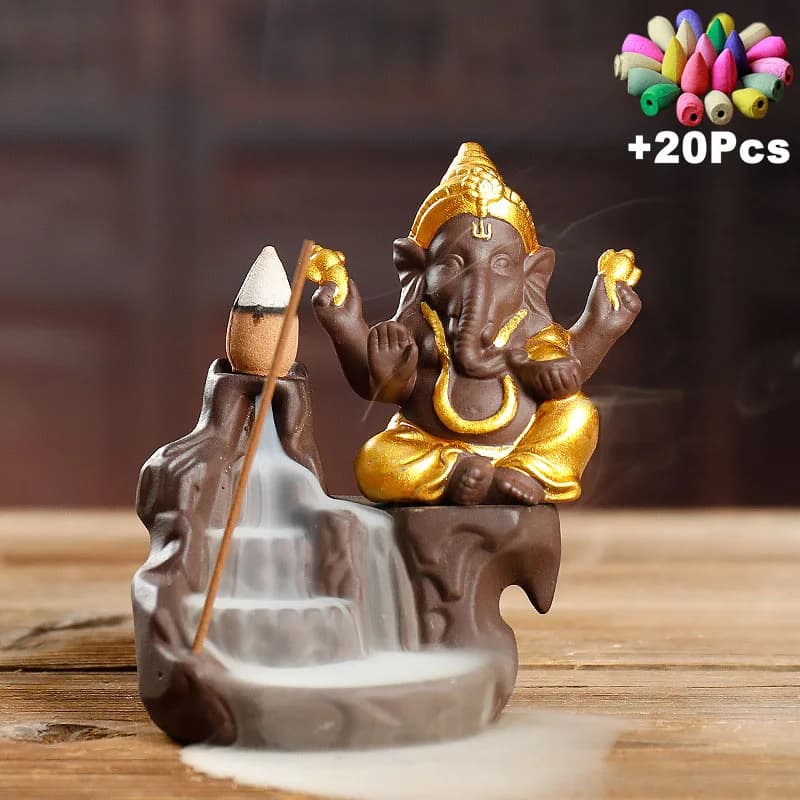 Ganesha Incenso a riflusso Elefante Dio Emblema di buon auspicio e successo Cono in ceramica Incensiere Decorazioni per la casa Porta bastoncini