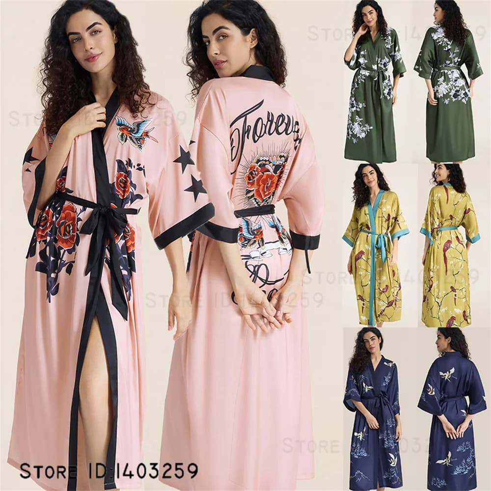 Print Floral Female Long Robe Kimono Bathrobe Gown Sexy Ice Silk Sleepwear Nightgown Loose Casual Loungewear Home Dress Negligee