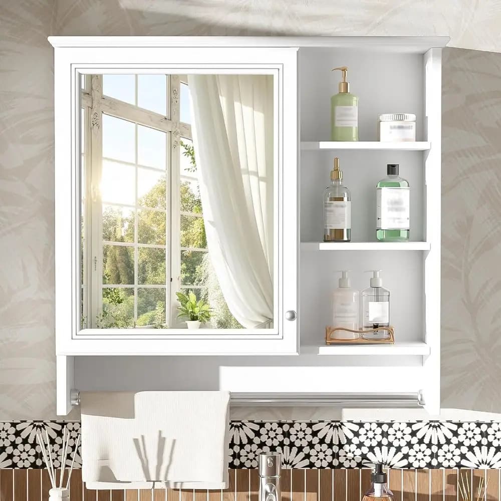 30x28 Wall-Mounted Medicine Cabinet with Mirror, Towel Bar, and Adjustable Shelves for Bathroom Storage
