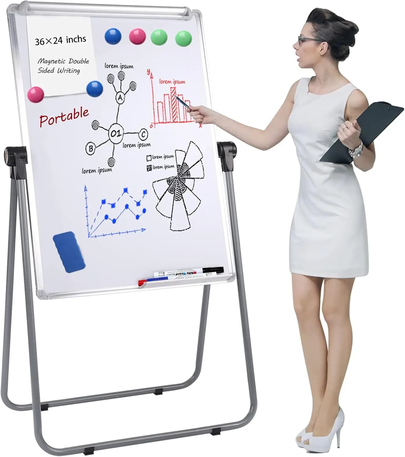 Lavagna magnetica bifacciale con supporto regolabile, lavagna portatile cancellabile a secco 24x36 per ufficio e uso domestico