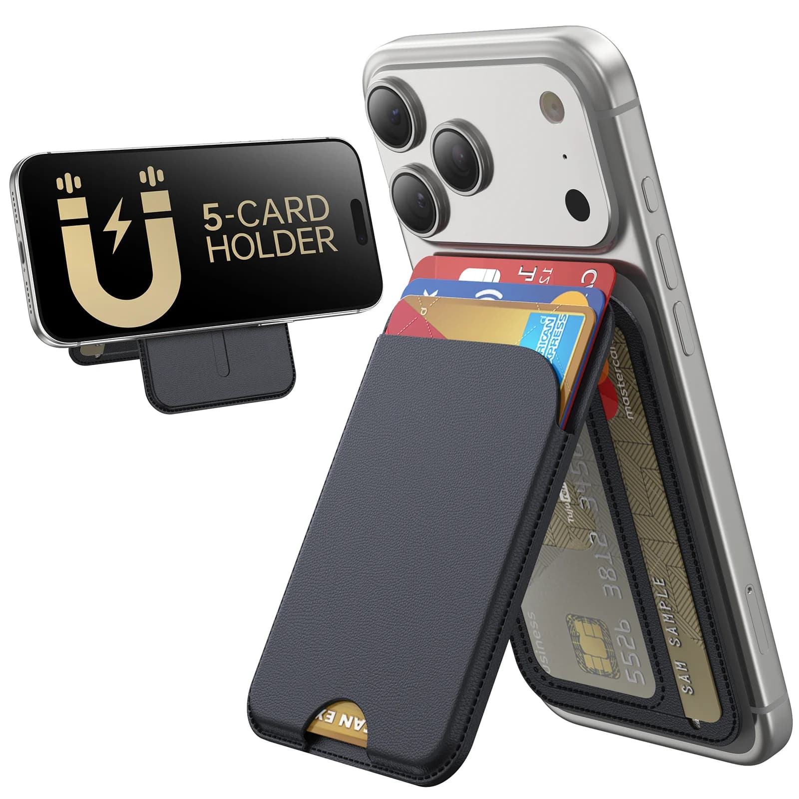 MagSafe Phone Stand Wallet for iPhone 17/16/15/14/13/12 Pro Max, Magnetic Foldable Kickstand Card Holder Case, 5 Cards RFID Bloc