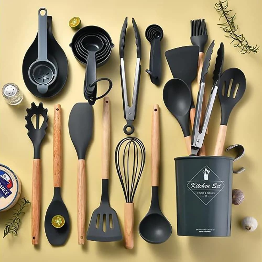 34 pieces of tools in Silicone Set of black non-stick pans wooden handle spatula blade whips for eggs kitchen utensils kitchen accessories