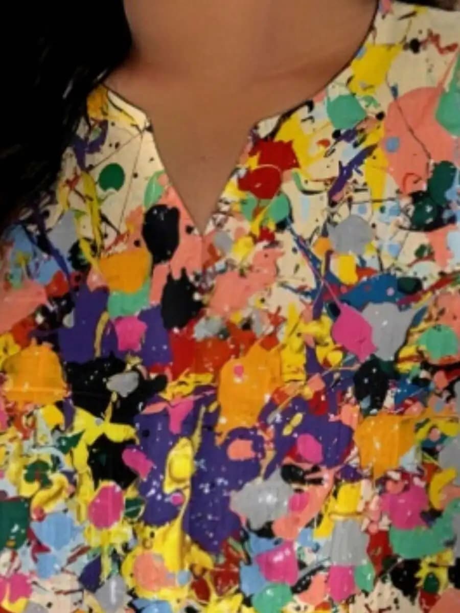 Vibrant Paint-Splatter Print Women’s V-Neck Short Sleeve Top And Pants Set, Lightweight Polyester, Casual Summer Outfit