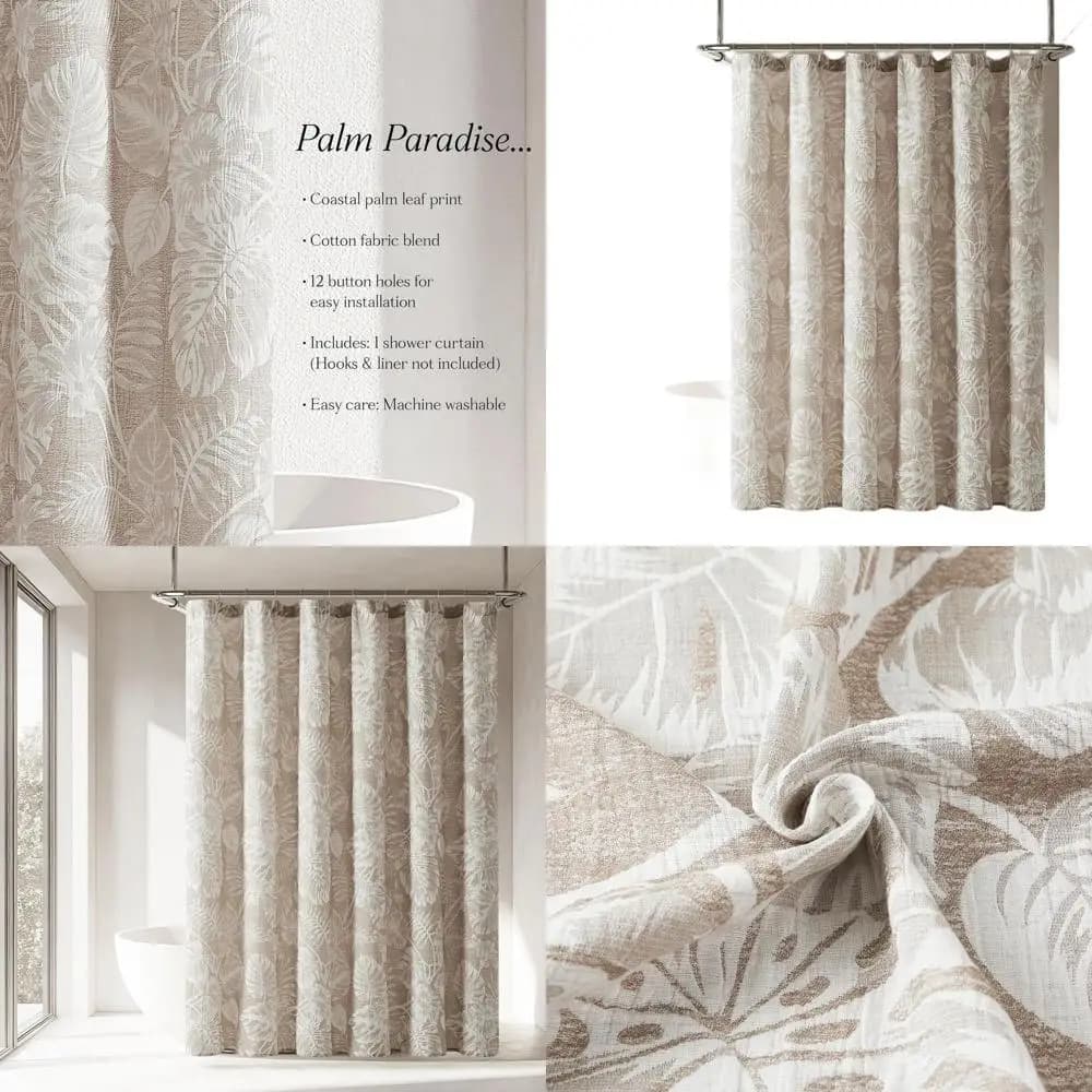 Tenda da doccia con foglie tropicali, 72 x 72, marrone neutro, decorazione per bagno in stile costiero