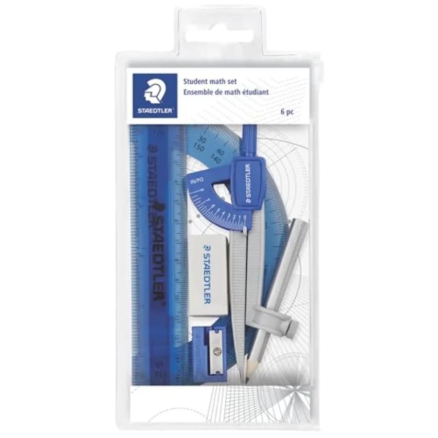 Student Math Set - Essential School Supplies with 6-Piece - Compass, 6in Ruler, 180° Protractor, Pencil, Eraser and Sharpener i