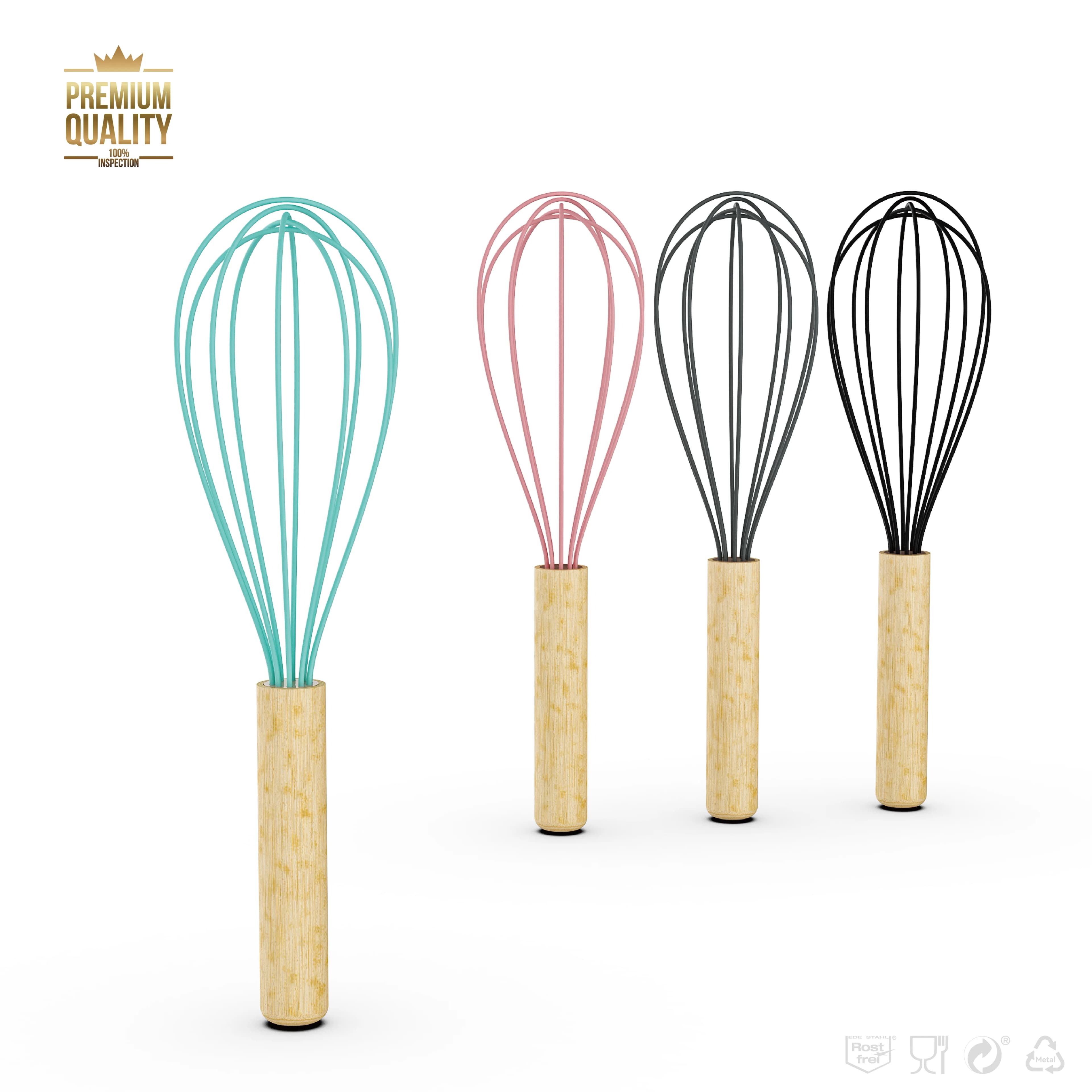 VIMACO 9.5-inch Wood Handle Manual Egg Beater Silicone Whisk Kitchen Tool for Cream Butter Egg Mixing Stirrer Blender