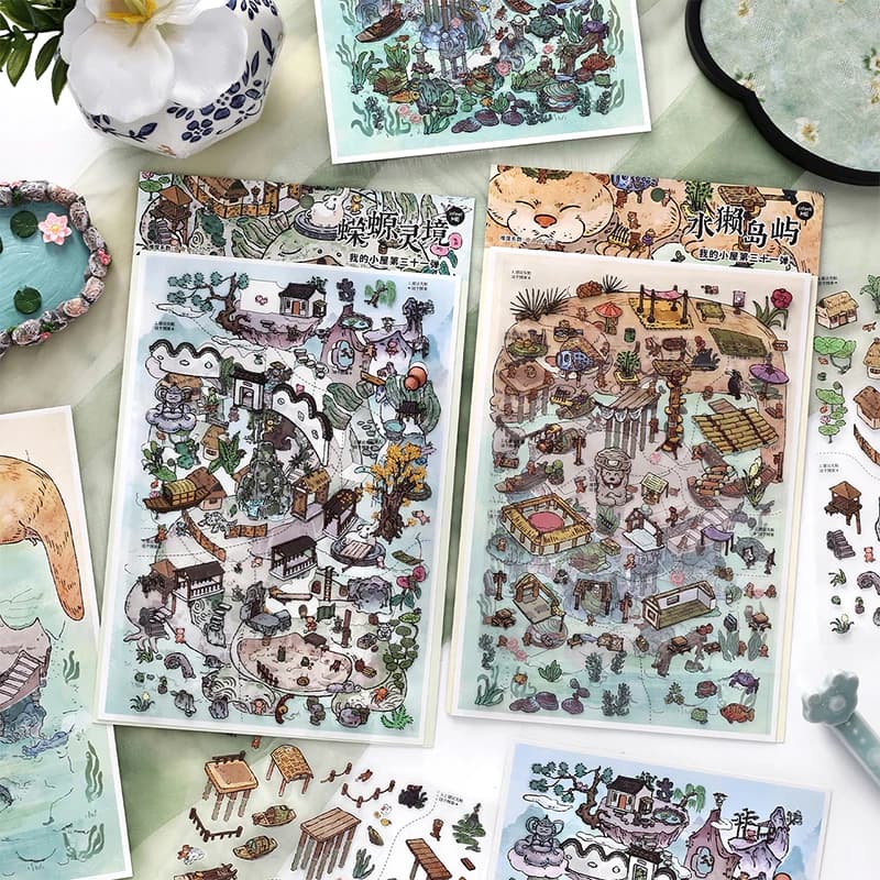 3D Chinese Style Mountain Village Scene Building Stickers Kit DIY Diorama Animal for Junk Journal Scrapbooking Craft Supplies