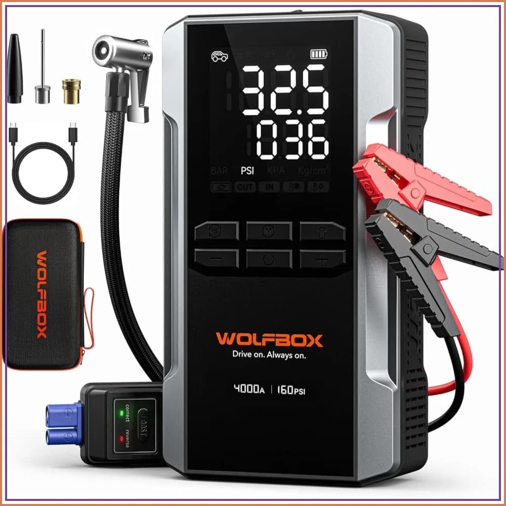 4000A Jump Starter with 160PSI Air Compressor, 12V Car Battery Booster, 88.8Wh Portable Jump Box for 10.0L Gas/10.0L Diesel, 65W Fast Charging, Tire Inflator, Jumper Cables, LED Light