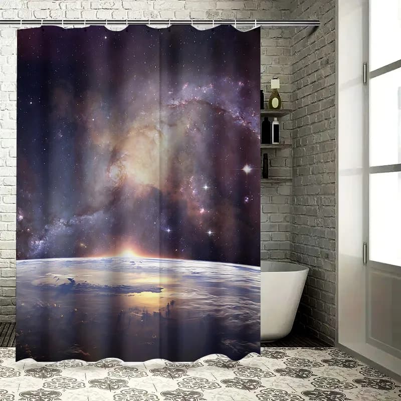 Tenda da doccia con galassia cosmica, vista sulla terra, spazio, stampa artistica, arredamento per il bagno, notte stellata, adatta per la separazione bagnata e asciutta