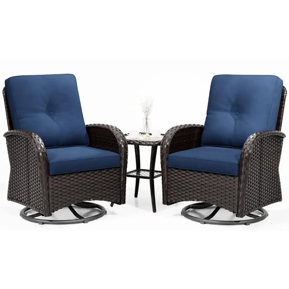 Outdoor Swivel Rocker Chairs, 3 Piece Wicker Patio Set with Thickened Cushions, High Back, Deep Seating, Wide Armrest, Outdoor