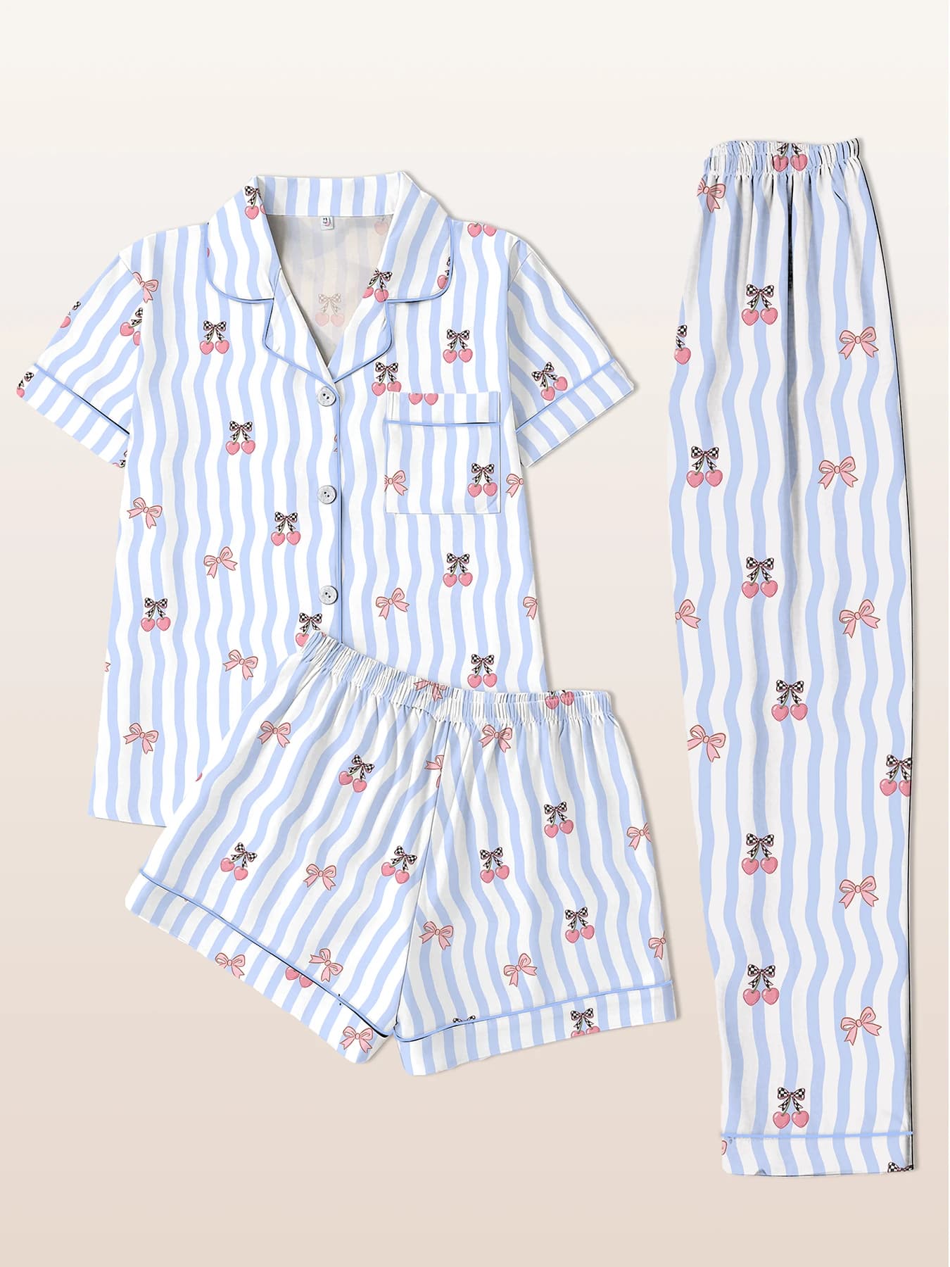 Women Pajamas Notch Lapel Short Sleeve Shorts Pants 3 Piece Set Spring Summer Fall Cute Cherry Bow Print Homewear