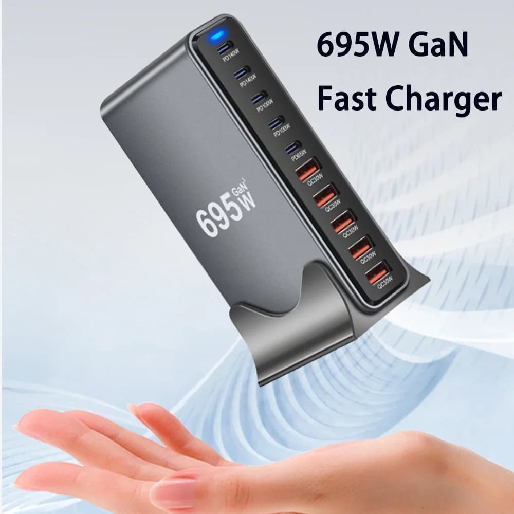Caricatore Rapido GaN da 695W con 10 Porte USB C, Doppia Porta PD3.1 da 140W, Stazione di Ricarica Veloce per iPhone 16, Samsung, MacBook, Laptop, Caricatore da Muro